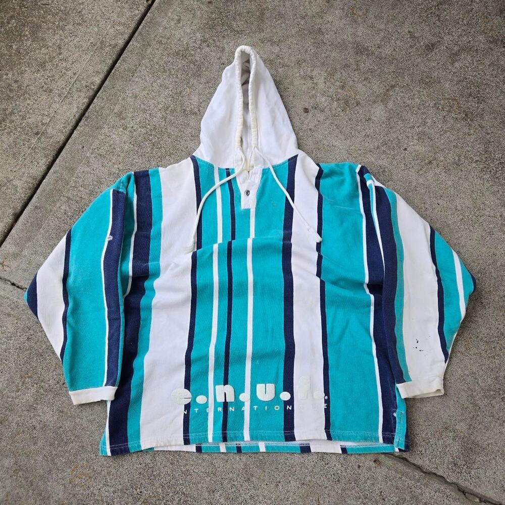 Vtg 90s ENUF International Colorblock Stripe Surf Hooded Sweatshirt XL Fit USA